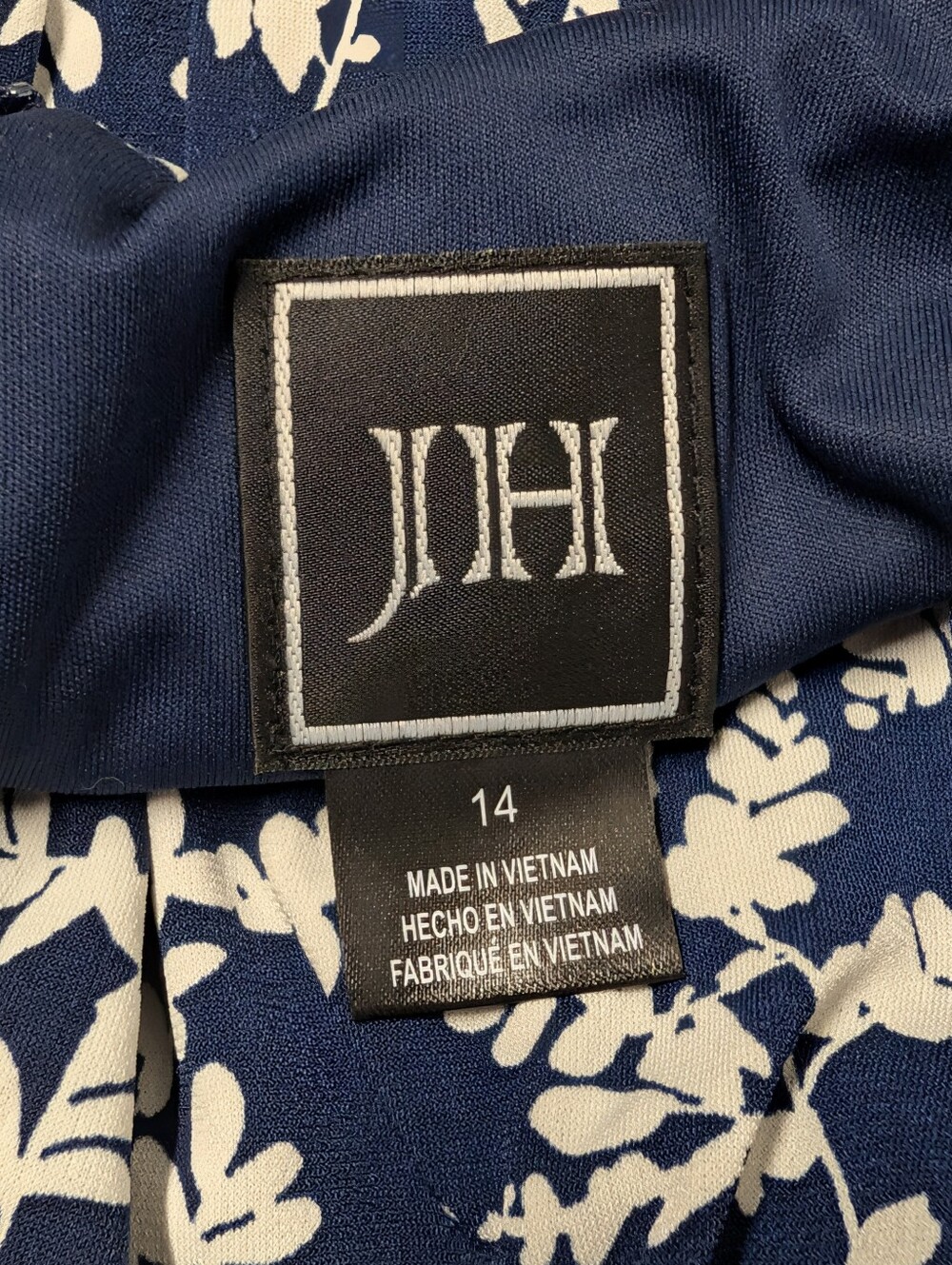 JMH Size 14 Navy White Leaf Print Midi Dress Flutter Sleeve Stretch Half Sleeve - Picture 8 of 9